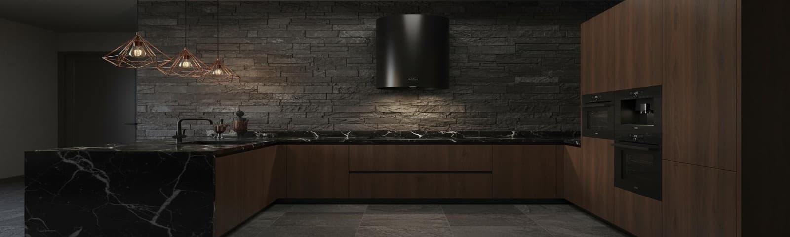 Moody, premium kitchen with black marble, dark wood and an ASKO-style range hood