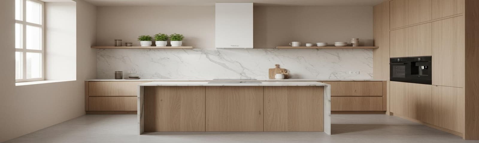 Calm, light-oak kitchen with Häfele built-in oven, induction hob and white chimney